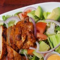 Chicken Salad · green mixed , cucumber, tomato, onions, lettuce, avocado, chipotle dressing sauce, add Grill...
