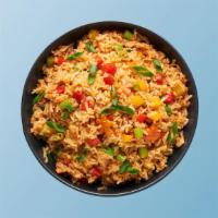 Hawkers Veggie Fried Rice · Long grain aromatic rice wok tossed with seasonal fresh vegetables and Indo-Chinese sauces.