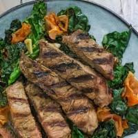 Keto Steak ＆ Kale Salad · 6oz grilled steak on kale, cucumbers, cherry tomatoes, pickled onions with Parmesan cheese a...