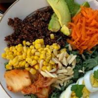 Tangun Salad · Quinoa, kale, kimchi, egg, almonds, avocado, corn and dressing with olive oil, soy sauce, gi...