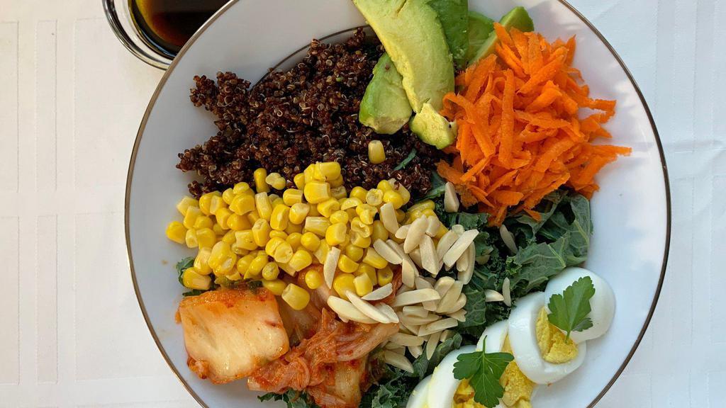 Tangun Salad · Quinoa, kale, kimchi, egg, almonds, avocado, corn and dressing with olive oil, soy sauce, ginger.