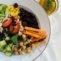 Bahlam Salad · Quinoa, avocado, feta cheese, roasted bell pepper, corn, beans, cilantro, pickled, onion, to...