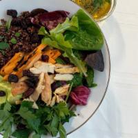 Perseus Salad · Quinoa, avocado, sweet potatoes, cranberries, parsley, spring mix served with vinaigrette dr...
