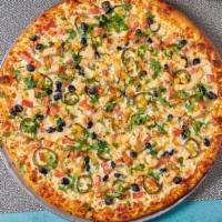 Chipotle Specialty Pizza · Chipotle sauce, Mozzarella cheese, chicken, tomatoes, jalapeños, tomato.