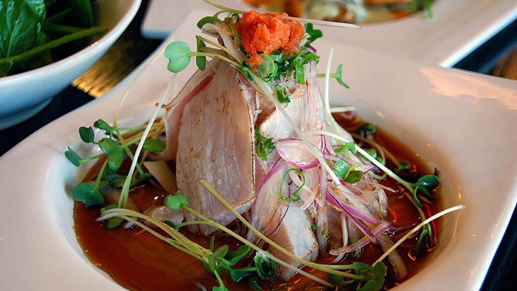 Albacore Tataki · Seared White Tuna with Shichimi in Ponzu Sauce, Fresh Seaweed, Onions, Kaiware, Spicy Radish, Ground Garlic and Sesame Seeds
