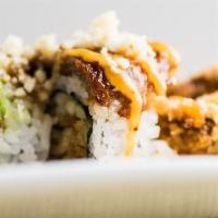 Spider Roll · Soft shell crab with avocado, cucumber & tobiko