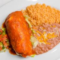 Burrito · Choice of beans, rice, and salsa fresca crowned with red sauce. *** PLEASE NOTE: Pinto Beans...