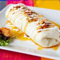 Vallarta Burrito · Prawns sautéed in garlic butter, choice of beans, rice, avocado, topped with cheese, sour cr...