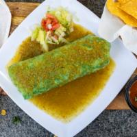 Burrito De Vegetales · A vegetarian dish with spinach tortilla sautéed san martin veggies, spinach, mushrooms, zucc...