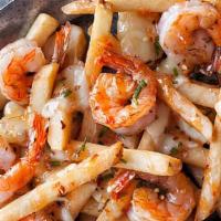 Shrimp Fries · Shrimp on crispy fries fried in corn oil, lightly salted.