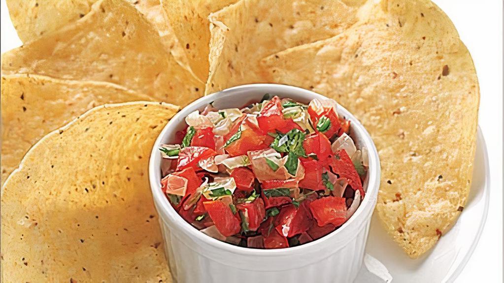 Chips and Salsa · Corn chips with side of pico de gallo salsa.