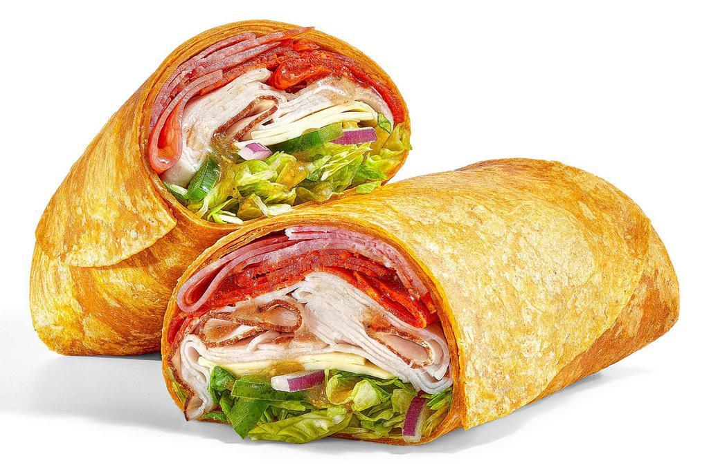 Turkey Italiano (760 Cals) · The Turkey Italiano Wrap is all about the meat. First, we load a footlong portion of tender oven roasted turkey, genoa salami and spicy pepperoni on a tomato basil wrap. Then we finish this Italian masterpiece with American cheese, fresh veggies and our MVP Parmesan Vinaigrette™.