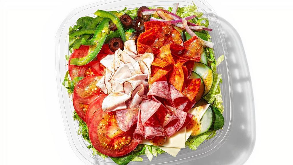 Turkey Italiano (330 Cals) · Our oven roasted turkey can now take you to real Italian flavor. Because it comes with spicy pepperoni, tempting salami and American cheese. It's all mixed with lettuce, spinach, tomatoes, zesty red onions, olives and topped with our MVP Parmesan Vinaigrette™.