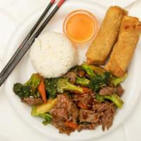 Beef With Broccoli · Served with your choice of rice and an egg roll.