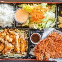 Chicken Katsu, Teriyaki Bento Box · Featured entrees: 
- Fried Chicken Katsu
- Chicken Teriyaki

Comes with rice and a small hou...