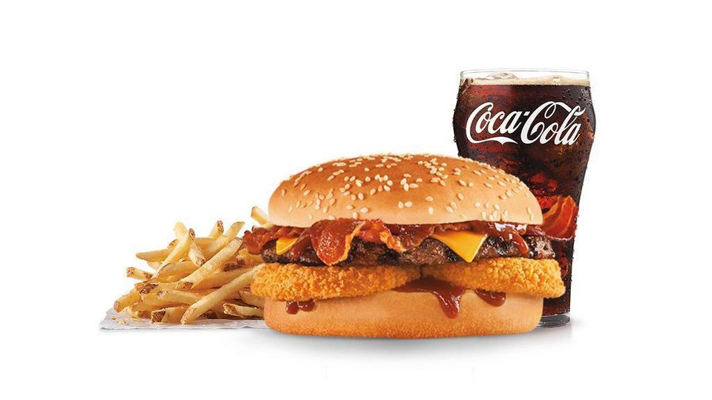 Western Bacon Cheeseburger® Combo · Charbroiled all-beef patty, two strips of bacon, melted American cheese, crispy onion rings and tangy BBQ Sauce on a seeded bun. Served with Fries and a Beverage.