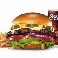Jalapeño Angus Burger Combo · Charbroiled Third Pound 100% Angus Beef, Pepper Jack cheese, jalapeño coins, and Santa Fe Sa...