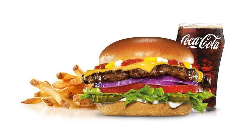Original Angus Burger Combo · Charbroiled 1/3lb.100% Angus Beef, melted American cheese, lettuce, tomato, red onions, pickles, mustard, mayonnaise and ketchup, served on a potato bun. Served with Fries and a Soft Drink.