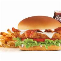 Hand-Breaded Bacon Swiss Chicken Sandwich Combo · Premium, all-white chicken fillet, hand dipped in buttermilk, lightly breaded and fried to a...