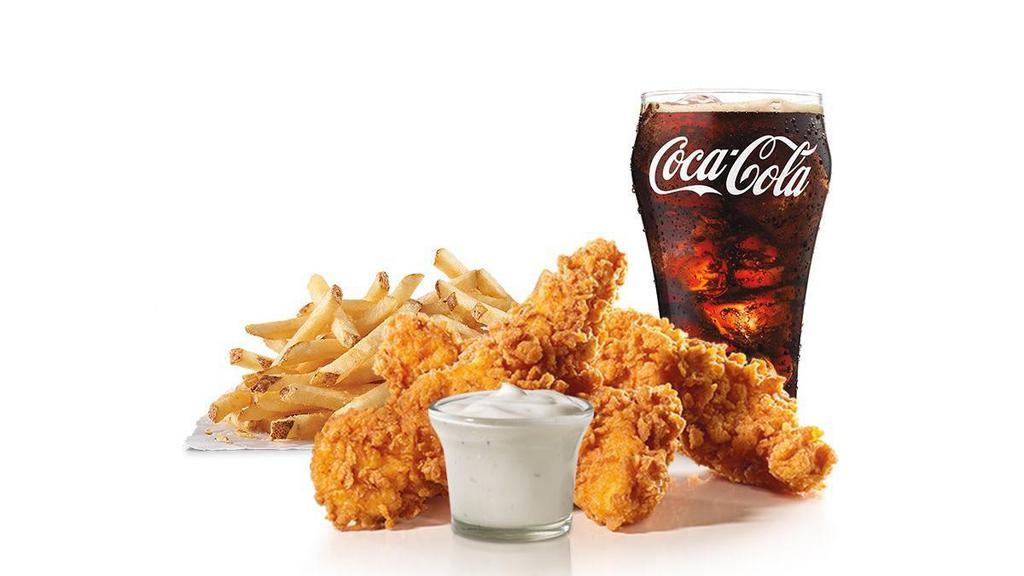 3 Piece - Hand-Breaded Chicken Tenders™ Combo · Premium, all-white meat chicken, hand dipped in buttermilk, lightly breaded and fried to a golden brown. Served with a choice of dipping sauce, Fries and a Soft Drink.