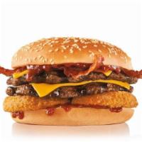 Double Western Bacon Cheeseburger® · Two charbroiled all-beef patties, two strips of bacon, two slices of melted American cheese,...