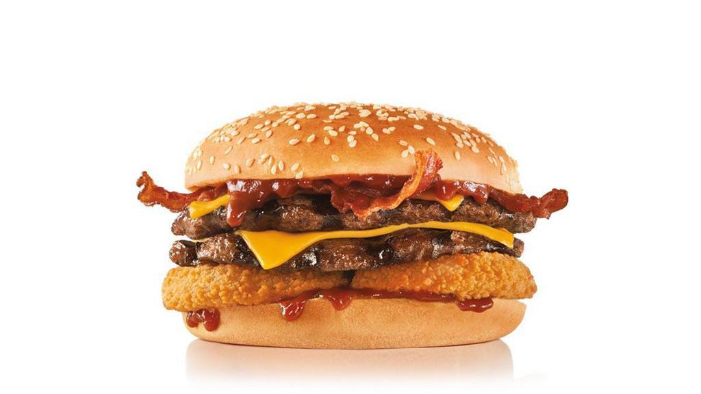 Double Western Bacon Cheeseburger® · Two charbroiled all-beef patties, two strips of bacon, two slices of melted American cheese, crispy onion rings and tangy BBQ Sauce on a seeded bun.