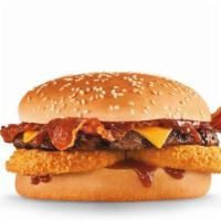 Western Bacon Cheeseburger® · Charbroiled all-beef patty, two strips of bacon, melted American cheese, crispy onion rings ...