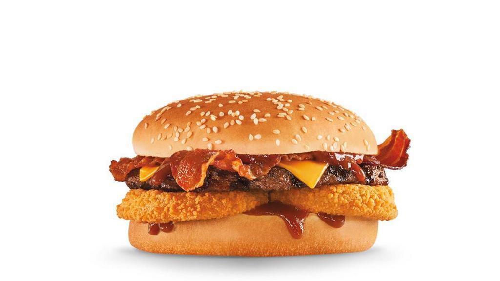 Western Bacon Cheeseburger® · Charbroiled all-beef patty, two strips of bacon, melted American cheese, crispy onion rings and tangy BBQ Sauce on a seeded bun.