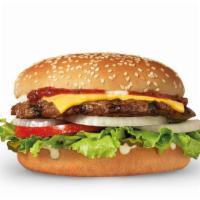 Famous Star® With Cheese · Charbroiled all-beef patty, melted American cheese, lettuce, tomato, sliced onions, dill pic...