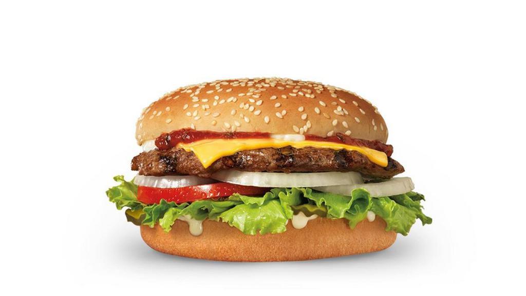 Famous Star® With Cheese · Charbroiled all-beef patty, melted American cheese, lettuce, tomato, sliced onions, dill pickles, Special Sauce, and mayonnaise on a seeded bun.