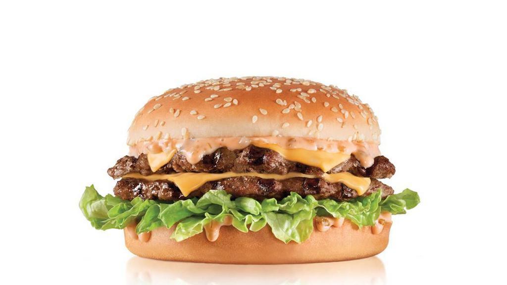 The Big Carl® · Two charbroiled all-beef patties, our Classic Sauce, two slices of American cheese, and lettuce all on a seeded bun.