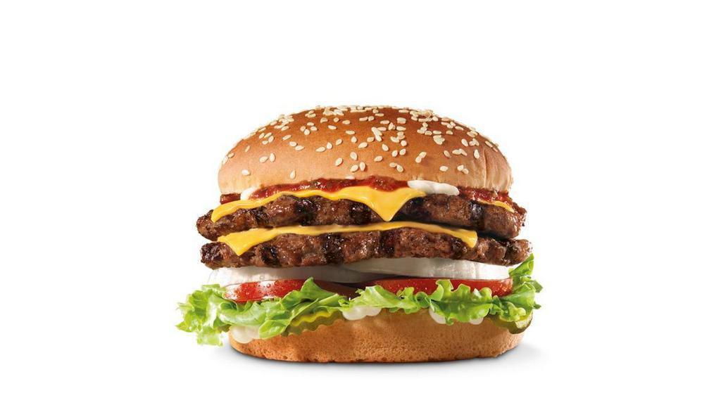 Super Star® With Cheese · Two charbroiled all-beef patties, two slices of melted American cheese, lettuce, tomato, sliced onions, dill pickles, Special Sauce, and mayonnaise on a seeded bun.