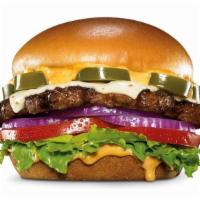 Jalapeño Angus Burger · Charbroiled Third Pound 100% Angus Beef, Pepper Jack cheese, jalapeño coins, and Santa Fe Sa...