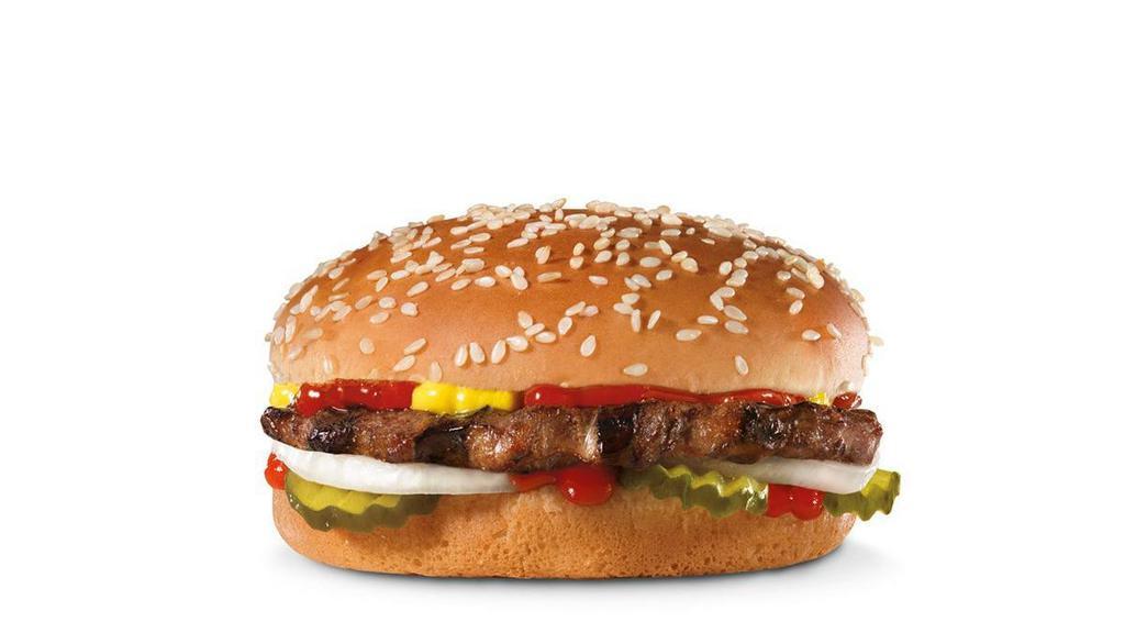 Big Hamburger · Charbroiled all-beef patty, dill pickles, onions, mustard and ketchup on a seeded bun.