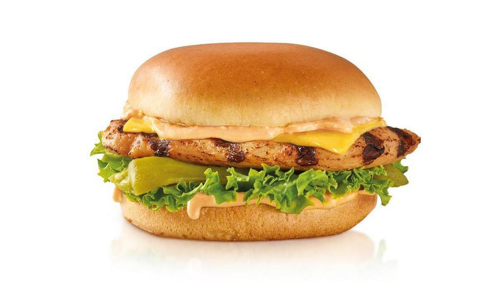 Charbroiled Santa Fe Chicken™ Sandwich · Charbroiled chicken breast, melted American cheese, mild green chile, lettuce and Santa Fe Sauce on a potato bun..