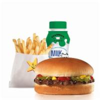 Hamburger Kid'S Meal · Charbroiled all-beef patty topped with dill pickles, ketchup and mustard on a plain bun. Ser...