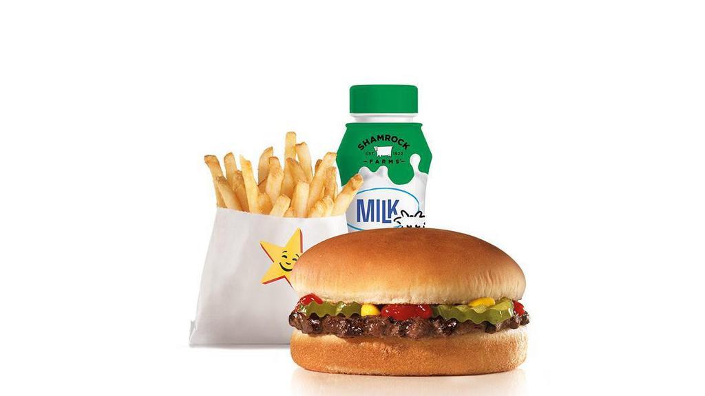 Hamburger Kid'S Meal · Charbroiled all-beef patty topped with dill pickles, ketchup and mustard on a plain bun. Served with kid's drink and kid's fry.