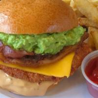 Holy Bacon Guacamole Fried Chicken Sandwich · Buttermilk fried chicken, Cheddar cheese, bacon, chipotle remoulade, guacamole, and served o...