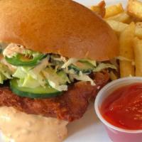 Banh Mi Fried Chicken Sandwich · Buttermilk fried chicken, carrot, cilantro slaw, cucumber, jalapeños, sriracha mayonnaise, a...