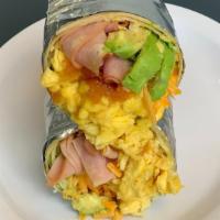Ham ＆ Cheddar Breakfast Burrito · A massive unit of two scrambled eggs, melty Cheddar, ham, home fries, avocado, onion marmala...