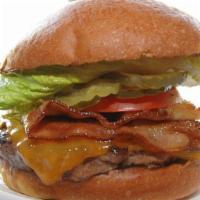 The Iowa Burger · Bacon and Cheddar cheese served on a perfect brioche bun with caramelized onions, chipotle r...