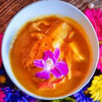 #18. Yellow Curry · Chicken or prawns in a mild yellow curry with potatoes, onion, carrots and coconut milk