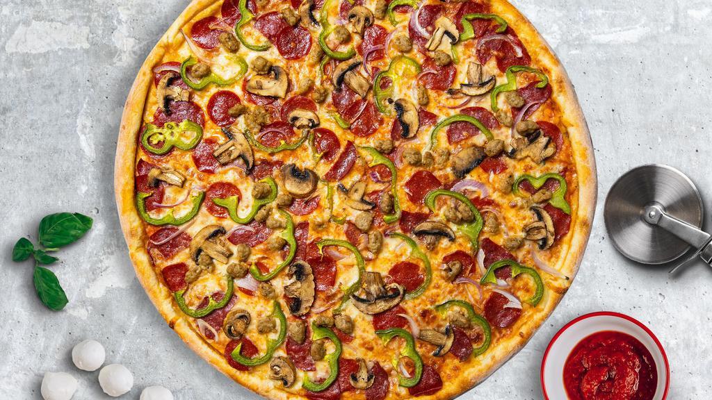 Lusty Love Loaded Vegan Pizza · Fresh mushrooms, green peppers, and vegan cheese baked on a hand-tossed dough