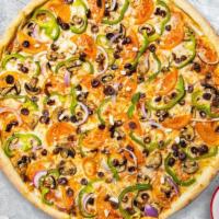 Veggie Inc. Pizza · Bell peppers, mushrooms, black olives, spinach, and vegan cheese baked on a hand-tossed dough.