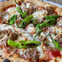 Sausage Pizza · Tomato Sauce, Fresh Mozzarella, Shishito Peppers, Red Onions, Grana