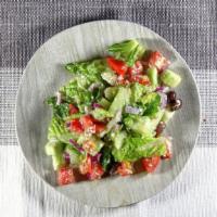 Greek Salad · Romaine lettuce, tomato, cucumber, onion, green peppers feta cheese and kalamata olives with...