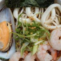 Seafood Ramen · Shrimp, squid, mussel, bean sprouts, green onions and nori on the shoyu broth