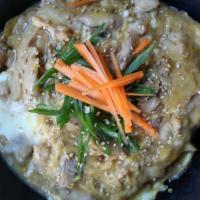 Oyako Don · Chicken and egg cooked and shimmered in soy sauce and mirin with onion and topped with sesam...