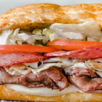 Matt Cain · Roast Beef, Salami, Turkey, Godfather Sauce, Provolone. All sandwiches are served hot with d...