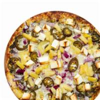 Saag Paneer Pizza · Elegant palak (spinach) paneer pizza with chopped red onions, pineapples, masala sauce, dice...